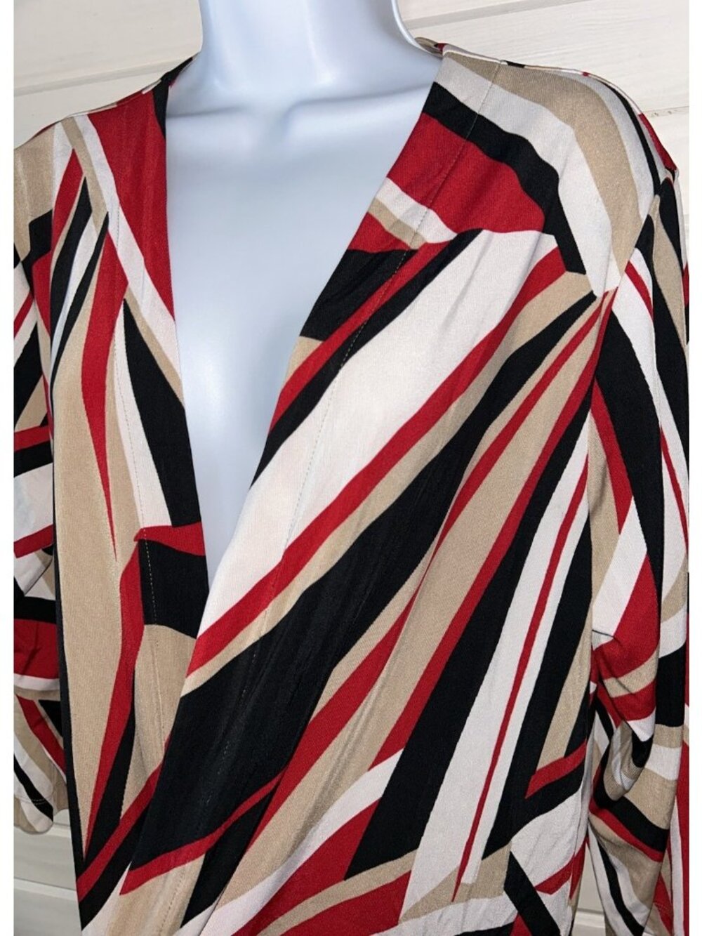 Easywear Chico's Sz 3 (XL) Red Khaki Black Open Front Liquid Knit Cardigan EUC